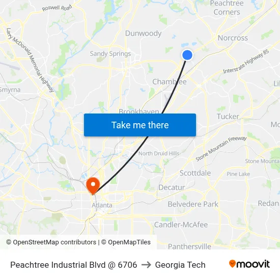 Peachtree Industrial Blvd @ 6706 to Georgia Tech map
