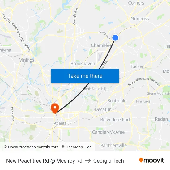 New Peachtree Rd @ Mcelroy Rd to Georgia Tech map
