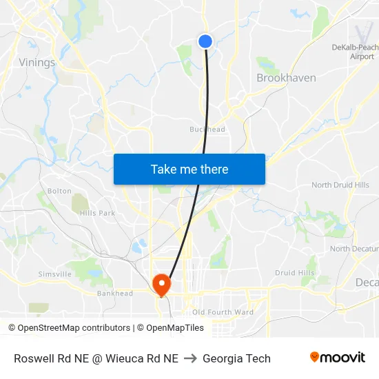 Roswell Rd NE @ Wieuca Rd NE to Georgia Tech map