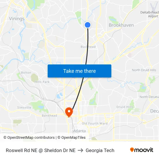 Roswell Rd NE @ Sheldon Dr NE to Georgia Tech map