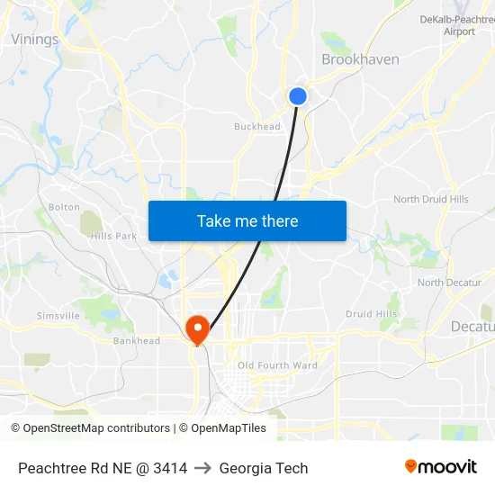 Peachtree Rd NE @ 3414 to Georgia Tech map