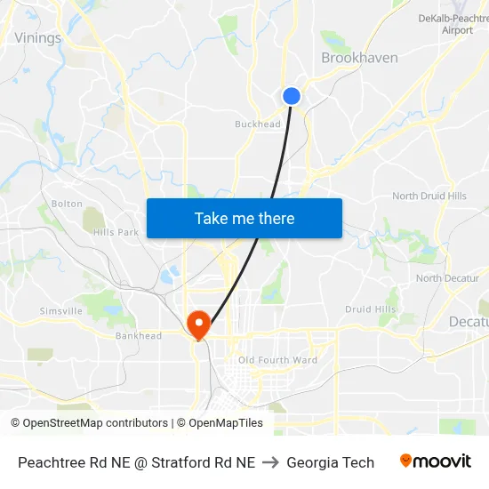 Peachtree Rd NE @ Stratford Rd NE to Georgia Tech map