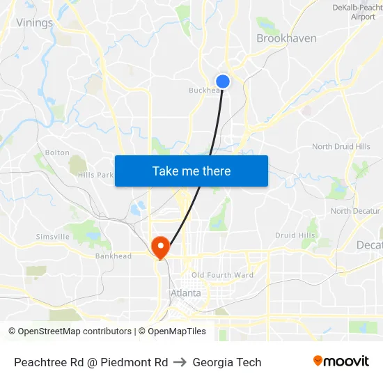 Peachtree Rd @ Piedmont Rd to Georgia Tech map