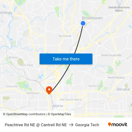 Peachtree Rd NE @ Cantrell Rd NE to Georgia Tech map