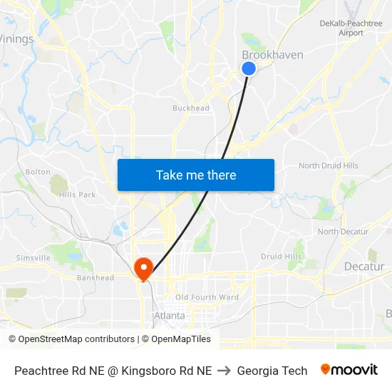 Peachtree Rd NE @ Kingsboro Rd NE to Georgia Tech map