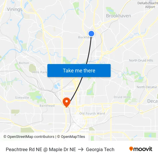 Peachtree Rd NE @ Maple Dr NE to Georgia Tech map
