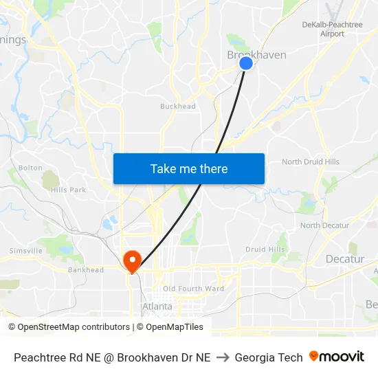 Peachtree Rd NE @ Brookhaven Dr NE to Georgia Tech map