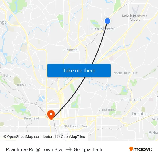 Peachtree Rd @ Town Blvd to Georgia Tech map