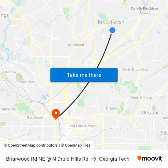 Briarwood Rd NE @ N Druid Hills Rd to Georgia Tech map