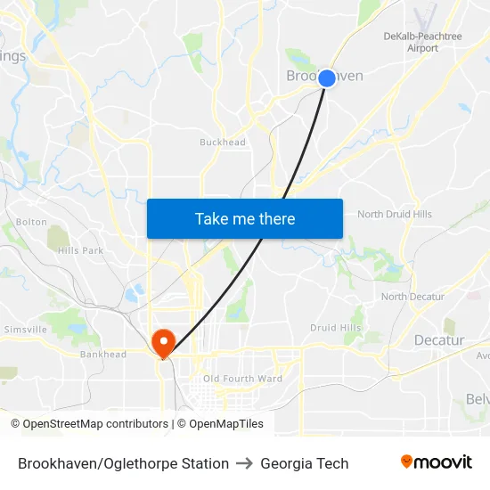 Brookhaven/Oglethorpe Station to Georgia Tech map