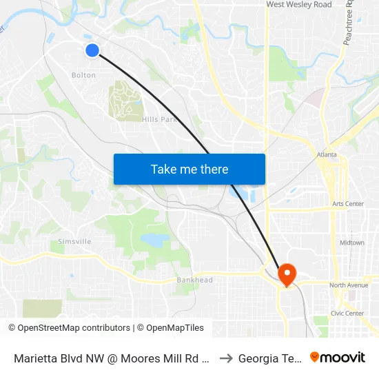 Marietta Blvd NW @ Moores Mill Rd NW to Georgia Tech map