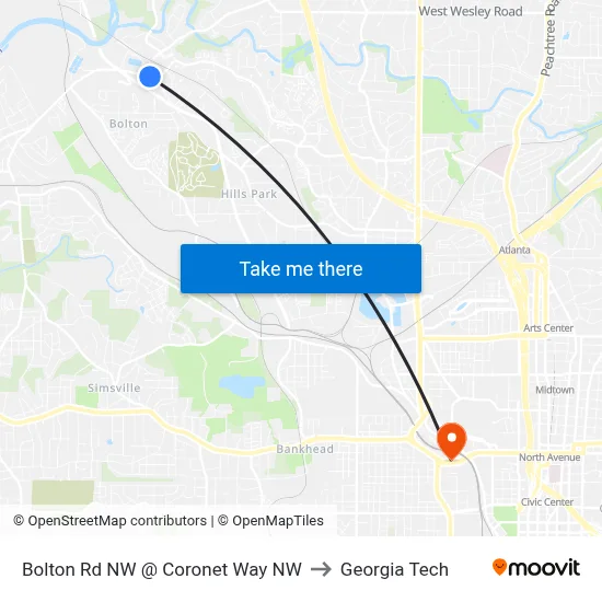 Bolton Rd NW @ Coronet Way NW to Georgia Tech map