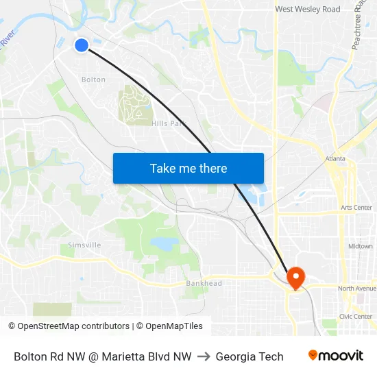 Bolton Rd NW @ Marietta Blvd NW to Georgia Tech map