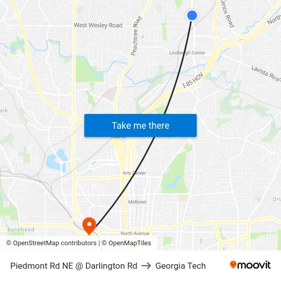 Piedmont Rd NE @ Darlington Rd to Georgia Tech map