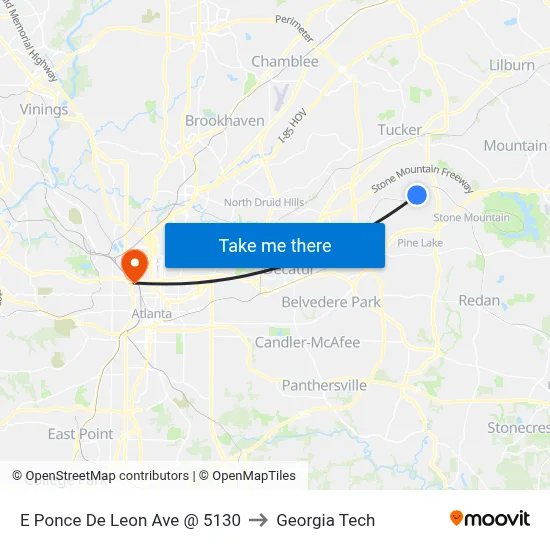E Ponce De Leon Ave @ 5130 to Georgia Tech map