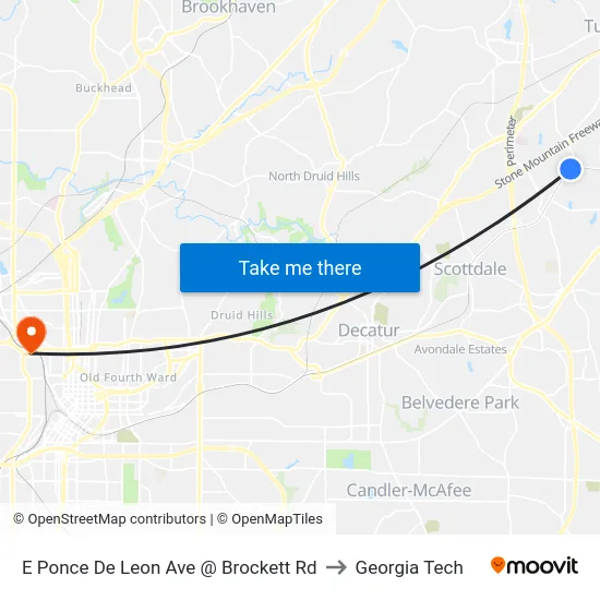 E Ponce De Leon Ave @ Brockett Rd to Georgia Tech map