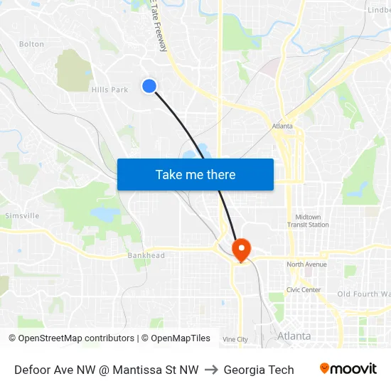 Defoor Ave NW @ Mantissa St NW to Georgia Tech map