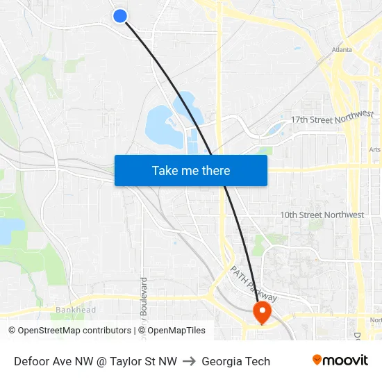 Defoor Ave NW @ Taylor St NW to Georgia Tech map