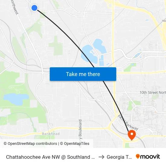 Chattahoochee Ave NW @ Southland Cir NW to Georgia Tech map