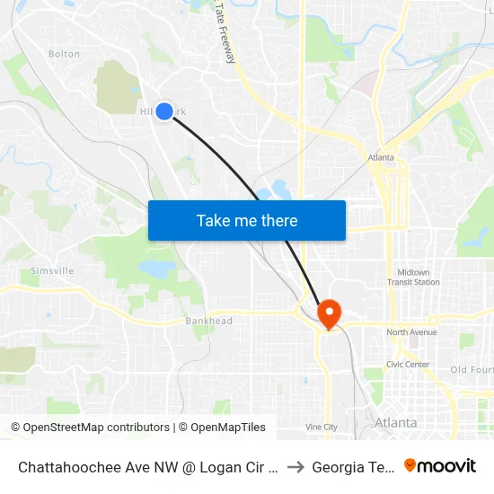 Chattahoochee Ave NW @ Logan Cir NW to Georgia Tech map