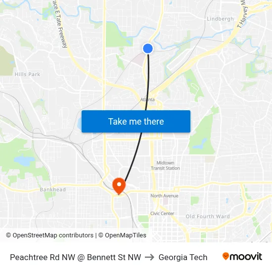 Peachtree Rd NW @ Bennett St NW to Georgia Tech map