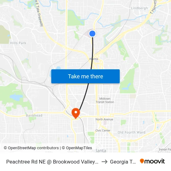 Peachtree Rd NE @ Brookwood Valley Cir NE to Georgia Tech map