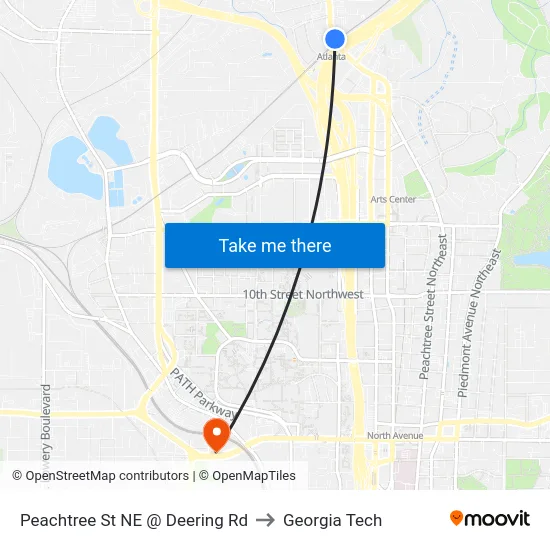 Peachtree St NE @ Deering Rd to Georgia Tech map