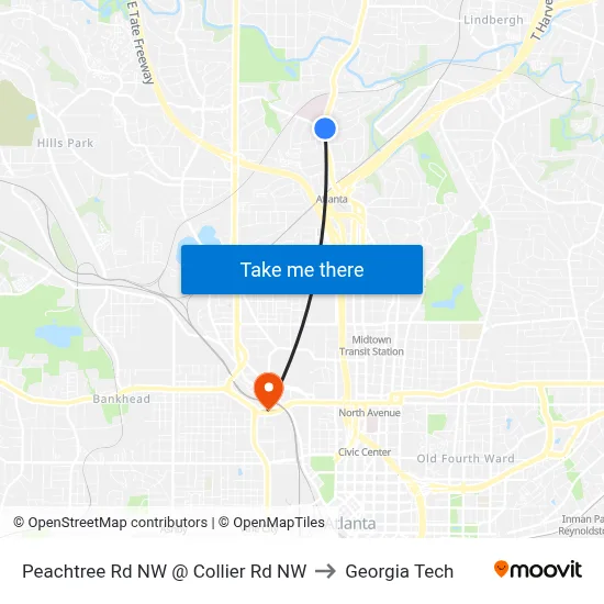 Peachtree Rd NW @ Collier Rd NW to Georgia Tech map