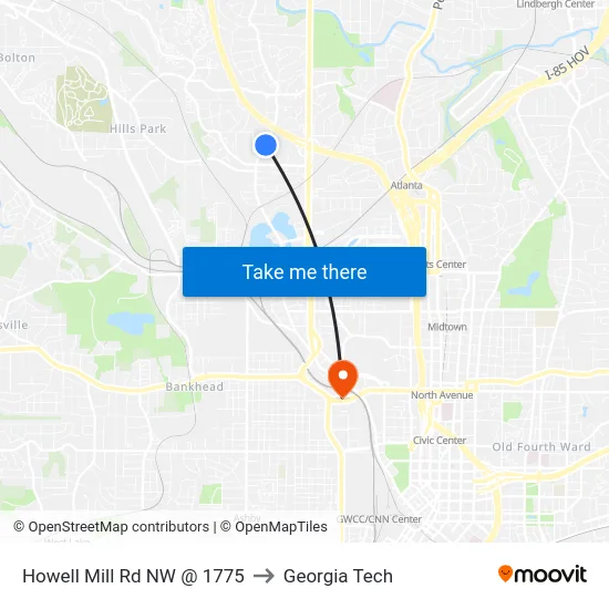 Howell Mill Rd NW @ 1775 to Georgia Tech map