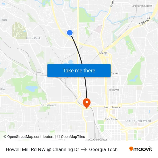 Howell Mill Rd NW @ Channing Dr to Georgia Tech map