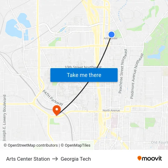 Arts Center Station to Georgia Tech map