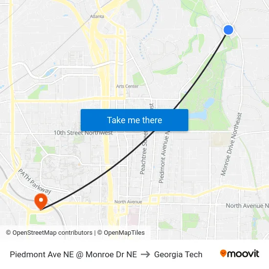 Piedmont Ave NE @ Monroe Dr NE to Georgia Tech map