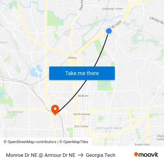 Monroe Dr NE @ Armour Dr NE to Georgia Tech map