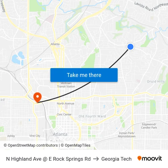 N Highland Ave @ E Rock Springs Rd to Georgia Tech map