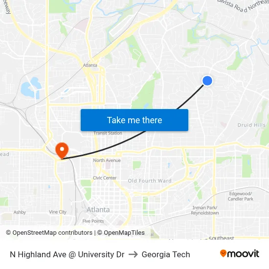 N Highland Ave @ University Dr to Georgia Tech map