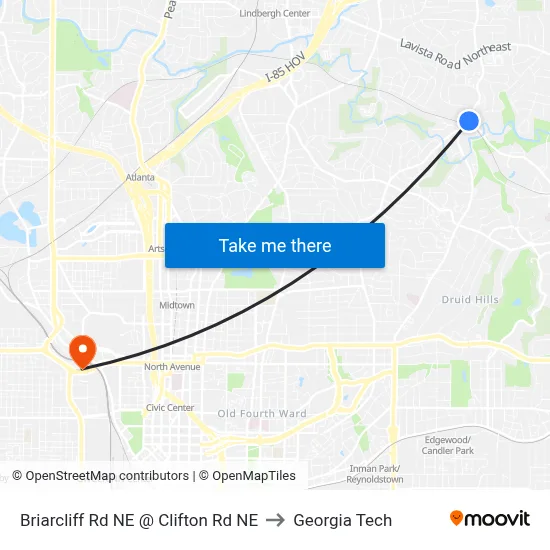 Briarcliff Rd NE @ Clifton Rd NE to Georgia Tech map