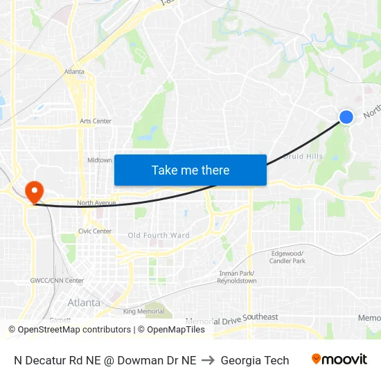 N Decatur Rd NE @ Dowman Dr NE to Georgia Tech map