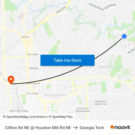 Clifton Rd NE @ Houston Mill Rd NE to Georgia Tech map