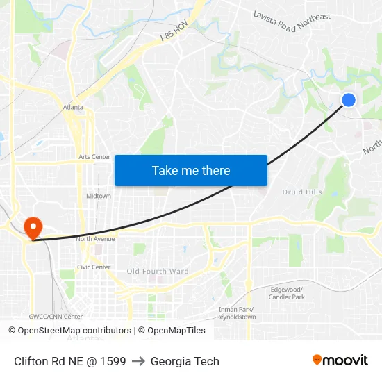 Clifton Rd NE @ 1599 to Georgia Tech map