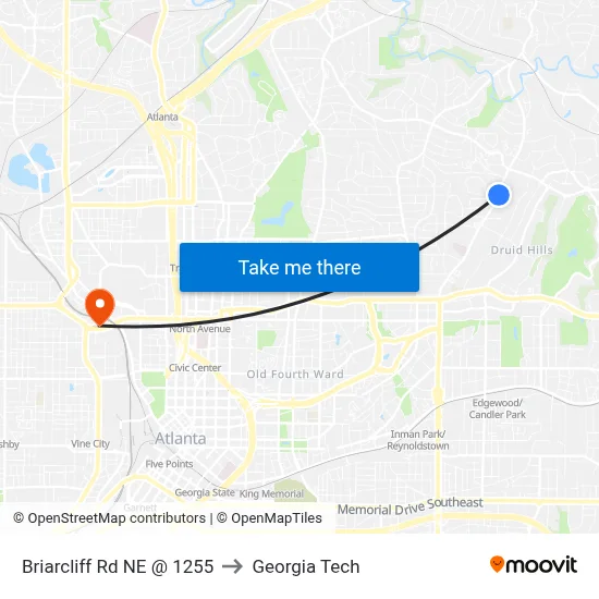 Briarcliff Rd NE @ 1255 to Georgia Tech map