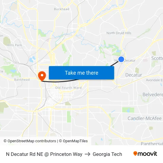N Decatur Rd NE @ Princeton Way to Georgia Tech map