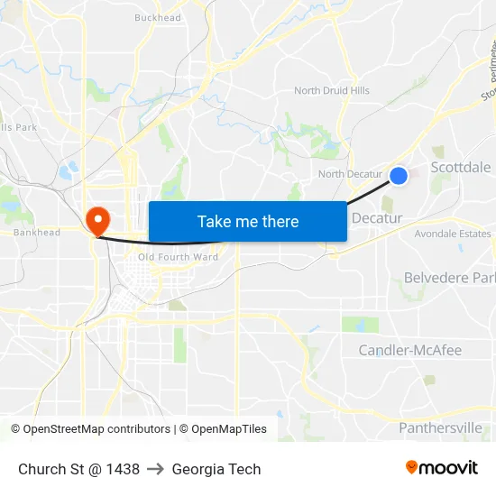 Church St @ 1438 to Georgia Tech map