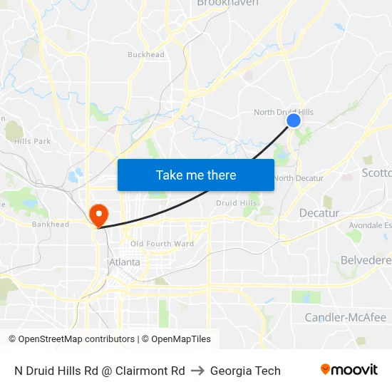 N Druid Hills Rd @ Clairmont Rd to Georgia Tech map
