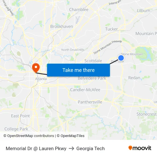 Memorial Dr @ Lauren Pkwy to Georgia Tech map