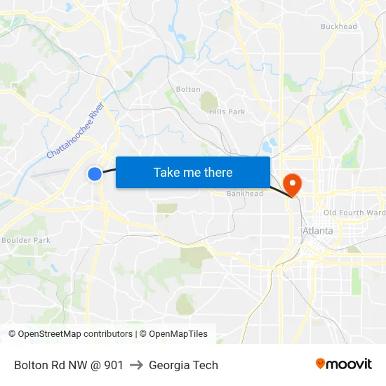 Bolton Rd NW @ 901 to Georgia Tech map