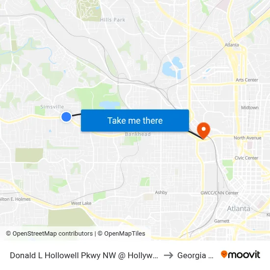 Donald L Hollowell Pkwy NW @ Hollywood Rd NW to Georgia Tech map