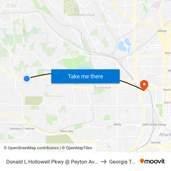 Donald L Hollowell Pkwy @ Peyton Ave NW to Georgia Tech map