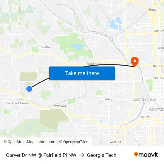 Carver Dr NW @ Fairfield Pl NW to Georgia Tech map