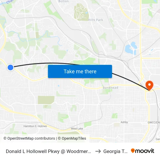 Donald L Hollowell Pkwy @ Woodmere Dr NW to Georgia Tech map