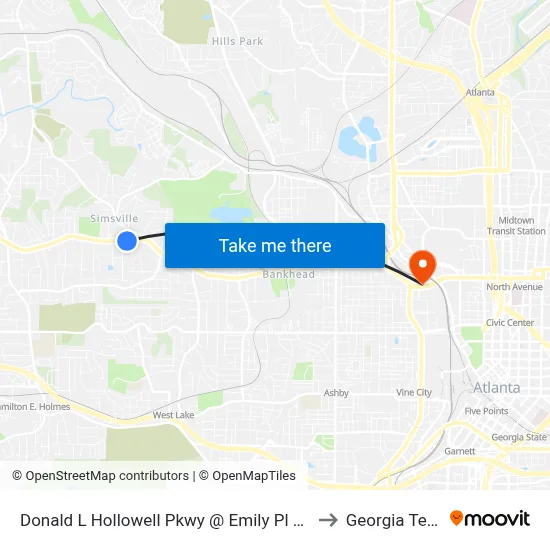Donald L Hollowell Pkwy @ Emily Pl NW to Georgia Tech map